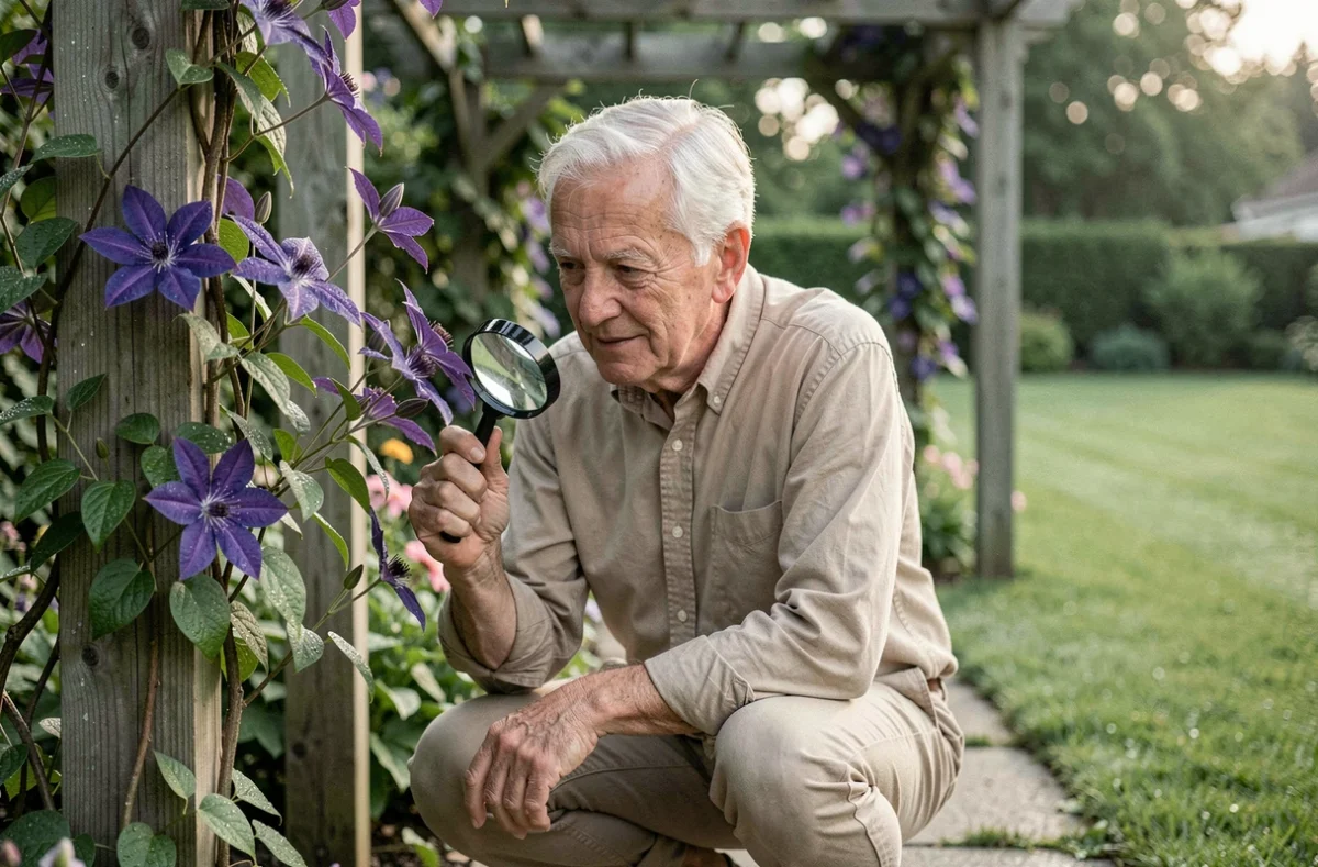 Jardinier âgé observant une clématite violette en exposition est sur une pergola