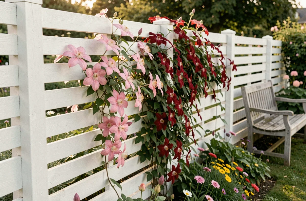 Clématites roses et rouges en exposition ouest sur une clôture en bois blanc