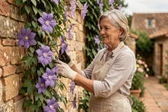Femme jardinant une clématite en exposition sud sur un mur en pierre