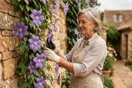 Femme jardinant une clématite en exposition sud sur un mur en pierre