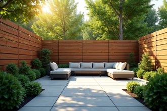 Jardin moderne avec clôture en bois et plantes vertes