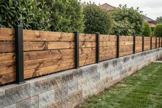 Clôture en bois sur muret béton avec poteaux métalliques noirs dans un jardin résidentiel