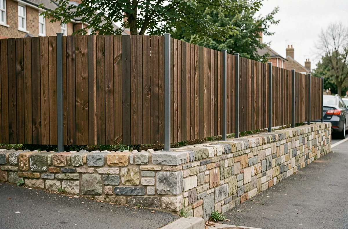Clôture mixte bois vertical sur muret en pierre avec poteaux anthracite vue depuis la rue