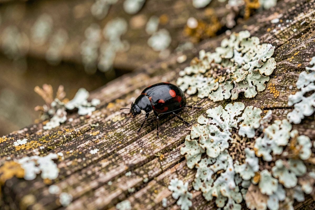 Coccinelle noire à points rouges sur bois vieilli et lichen, photographie naturaliste en jardin