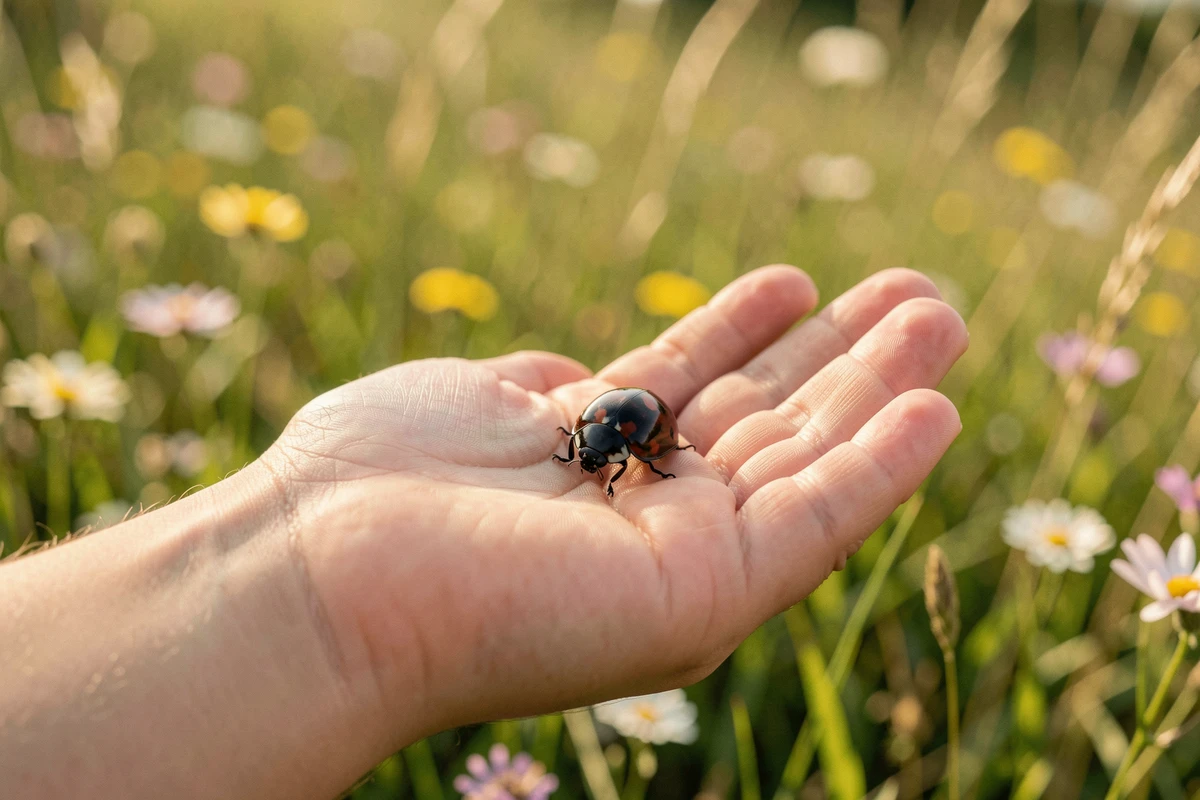 Main tenant une coccinelle noire à points rouges dans une prairie fleurie, découverte de la nature en plein air