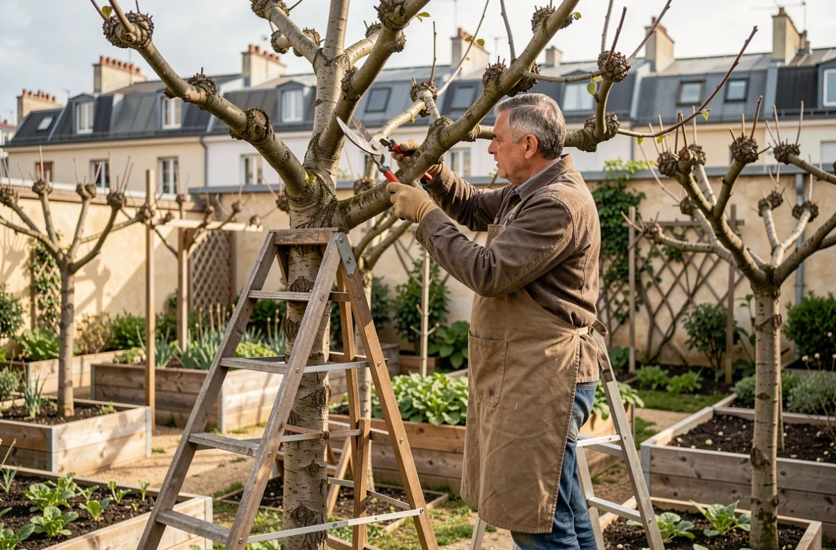 Jardinier des Compagnons des Jardins taillant un arbre fruitier en espalier dans un jardin urbain parisien, avec potager surélevé en arrière-plan