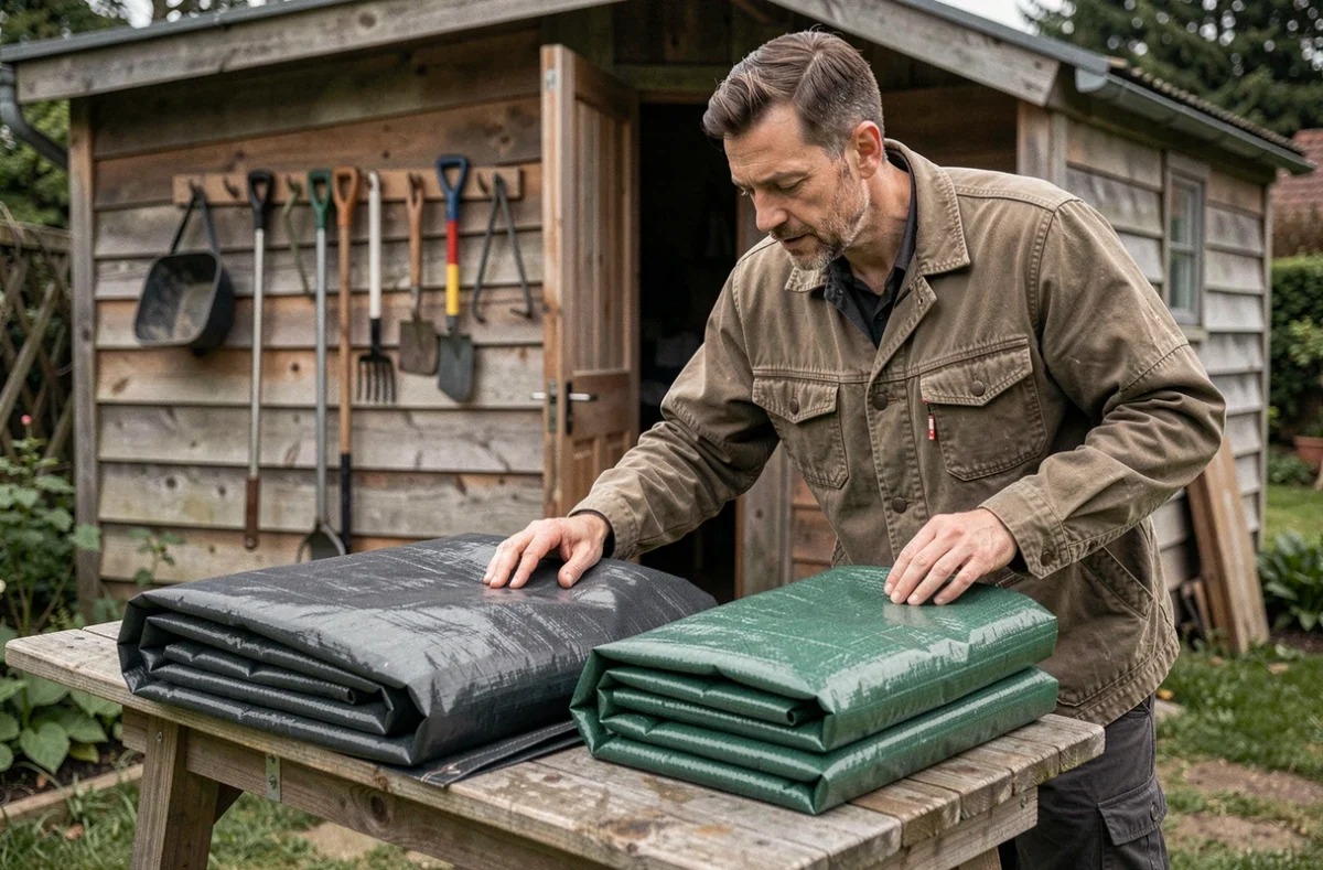 Homme comparant deux bâches de jardin de différentes qualités sur un établi en bois dans un jardin