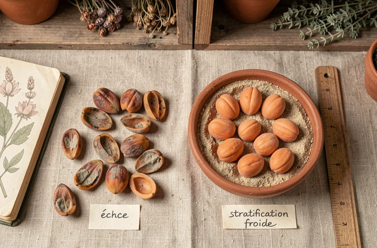 Comparaison de noyaux d'abricot échoués et correctement stratifiés dans du sable humide pour une germination réussie