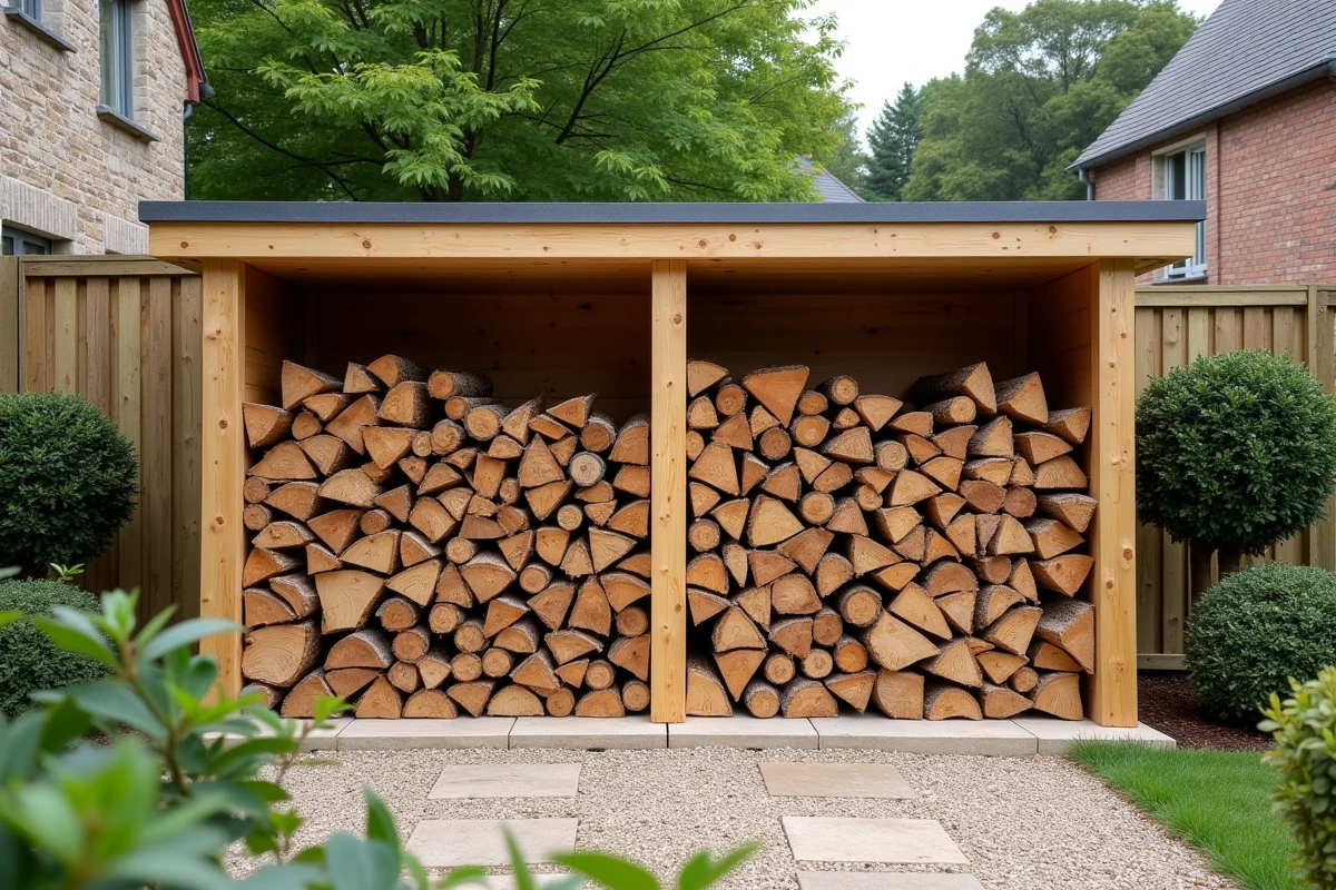 Comparaison de deux stères de bois en 33 cm et 50 cm stockés dans un abri de jardin, montrant la différence de volume et d'encombrement