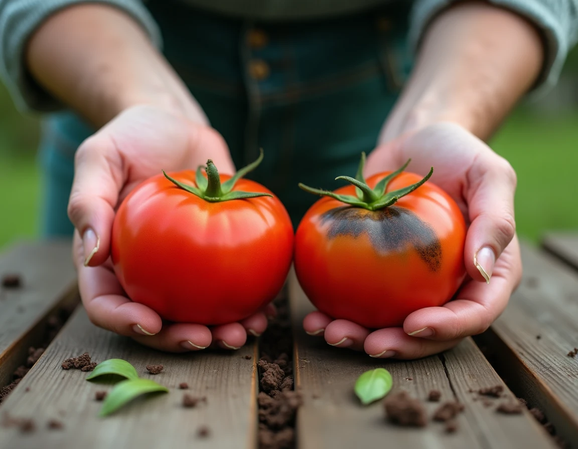 Jardinier tenant deux tomates côte à côte pour comparer une tomate saine et une tomate atteinte de taches noires au cul, au-dessus d'une table de jardin en bois