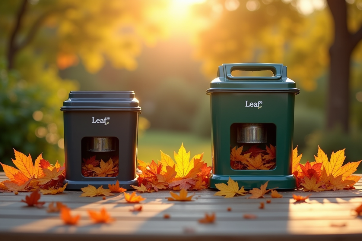 Comparaison de deux broyeurs à feuilles sur une table en bois