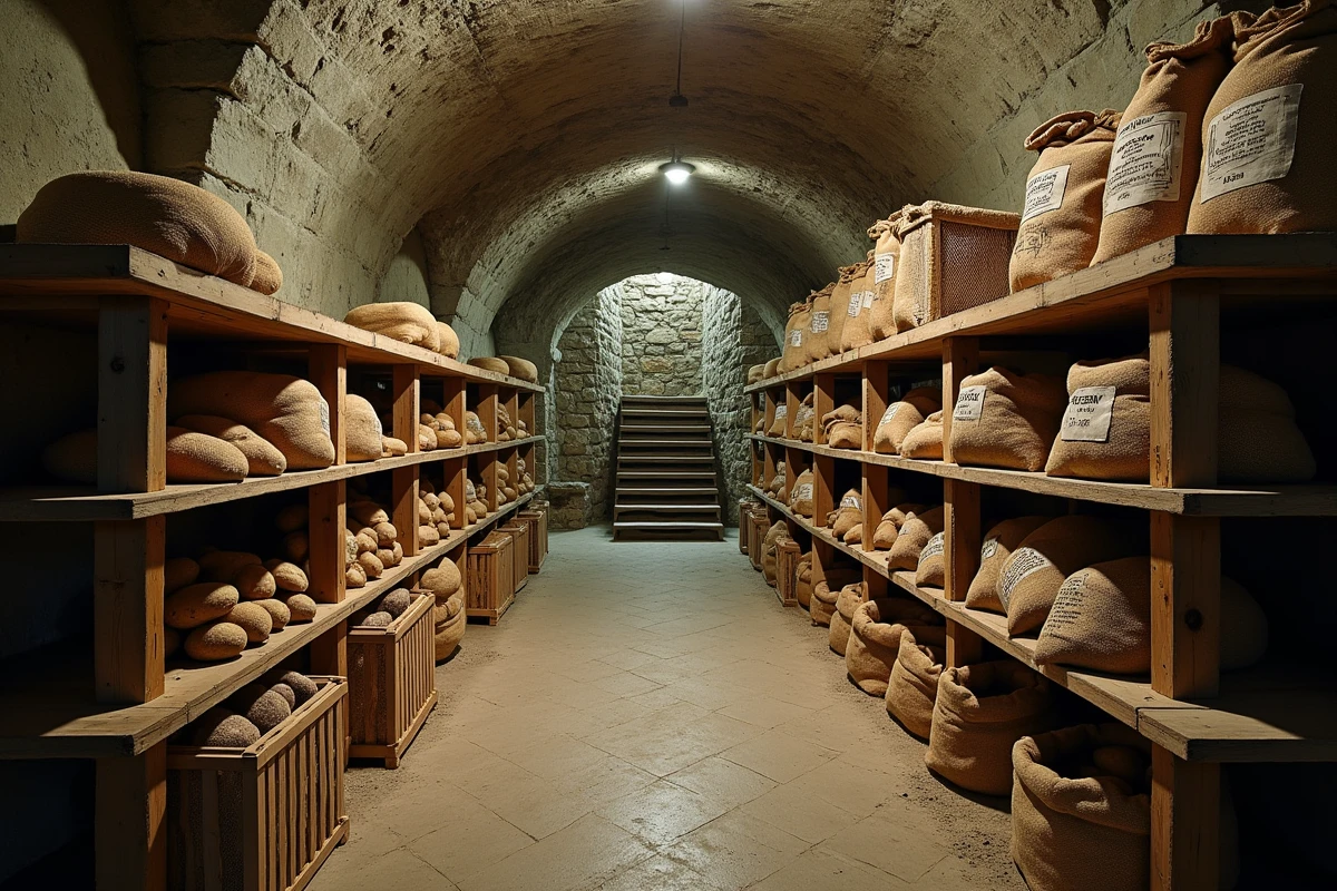 Cave de conservation avec des pommes de terre stockées en caisses et sacs en toile de jute sur des étagères en bois, dans un cellier voûté en pierre