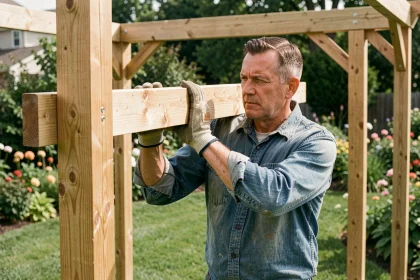 Homme bricoleur assemblant les poutres en bois d'une pergola DIY dans un jardin suburban