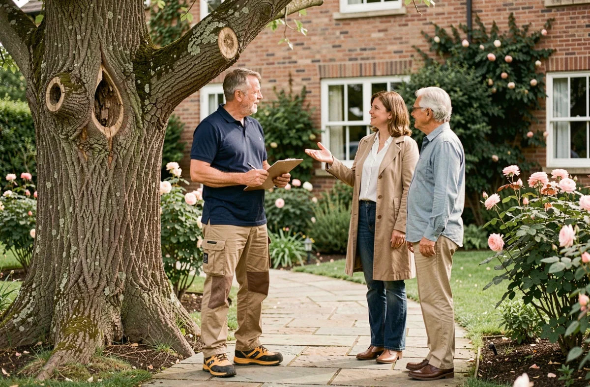 Consultant en élagage discutant d'un plan d'intervention avec un couple de propriétaires devant un grand arbre dans leur jardin