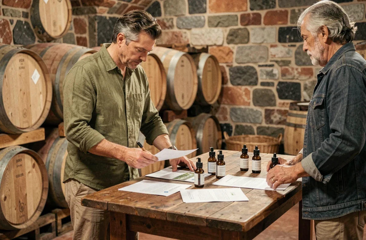 Consultant en viticulture biologique conseillant un vigneron sur les alternatives à la bouillie bordelaise dans une cave en pierre