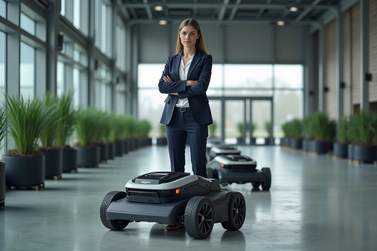 Ingénieure examine robots tondeuses en contrôle qualité dans l