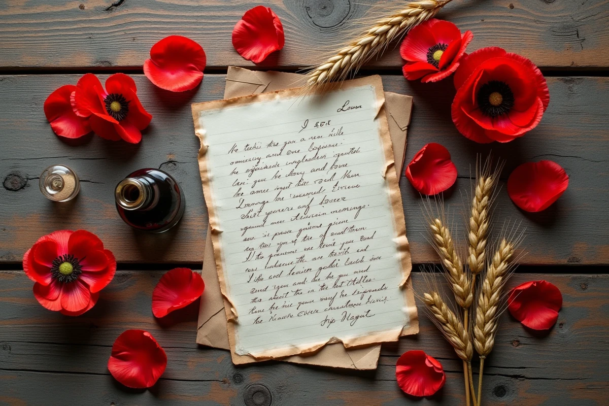 Composition à plat de coquelicots rouges avec lettre manuscrite ancienne et objets vintages sur table en bois