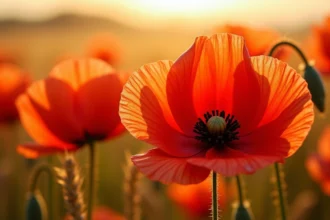 Coquelicots rouges sauvages en plein champ de blé doré en France, pétales translucides en gros plan