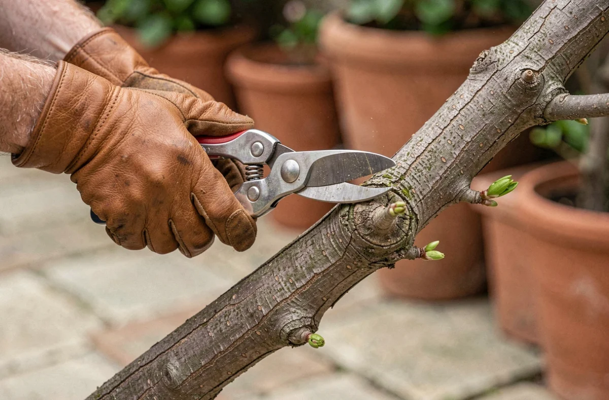 Gros plan de mains gantées coupant une branche de lilas des Indes au sécateur