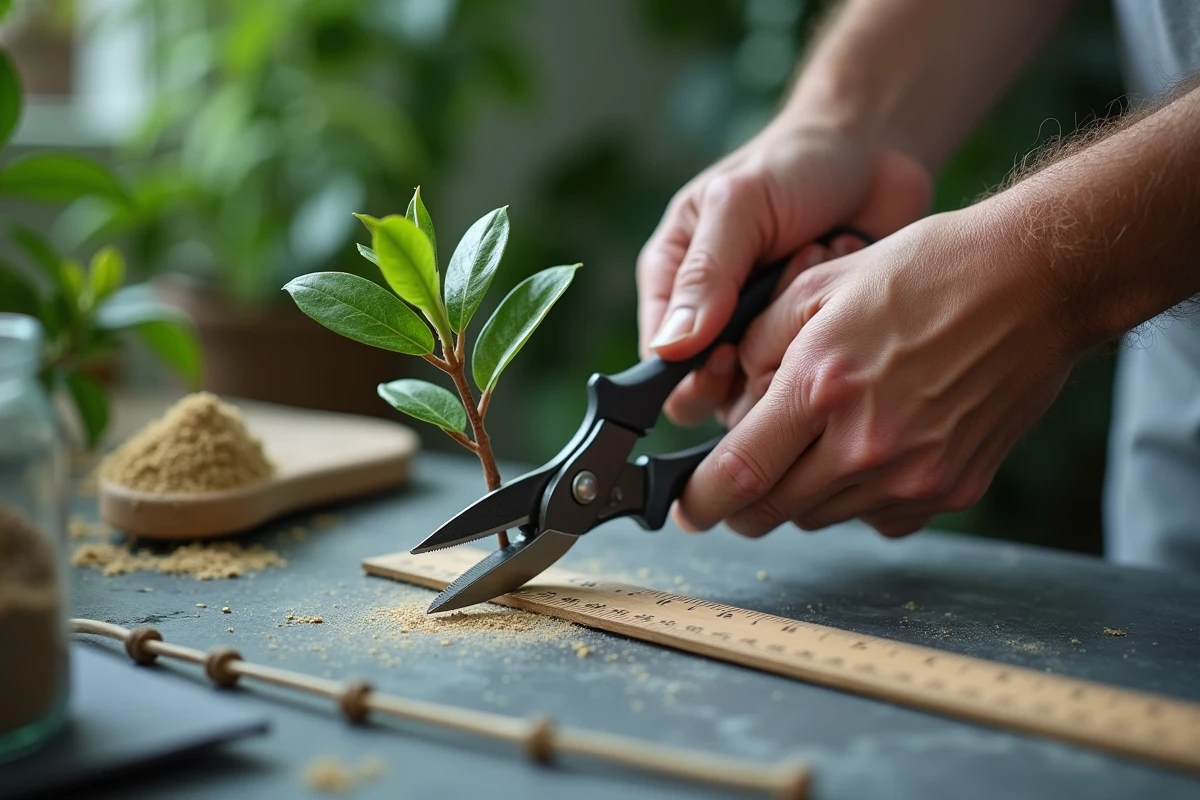 Gros plan sur des mains coupant une tige de laurier rose avec un sécateur pour réaliser une bouture