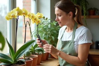 Femme taillant une orchidée jaunie avec des ciseaux propres sur un rebord de fenêtre en cuisine