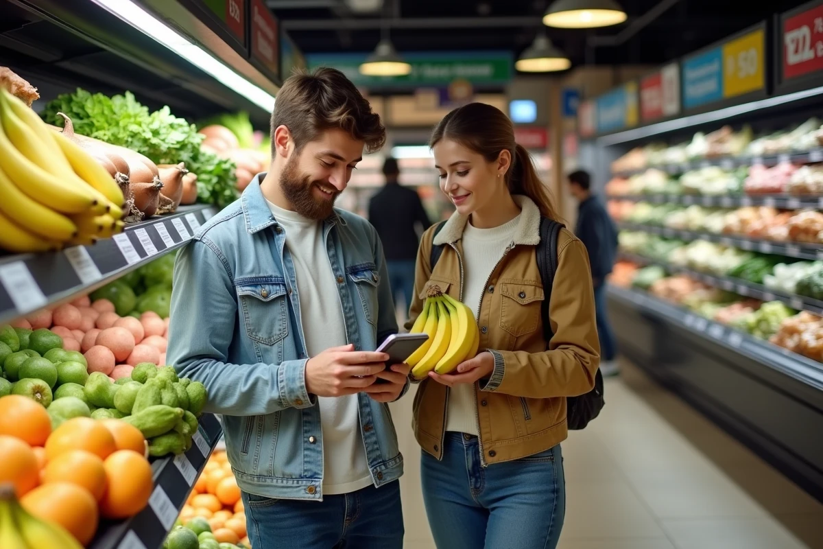 Couple comparant les prix des fruits et légumes en grande surface pour faire des économies