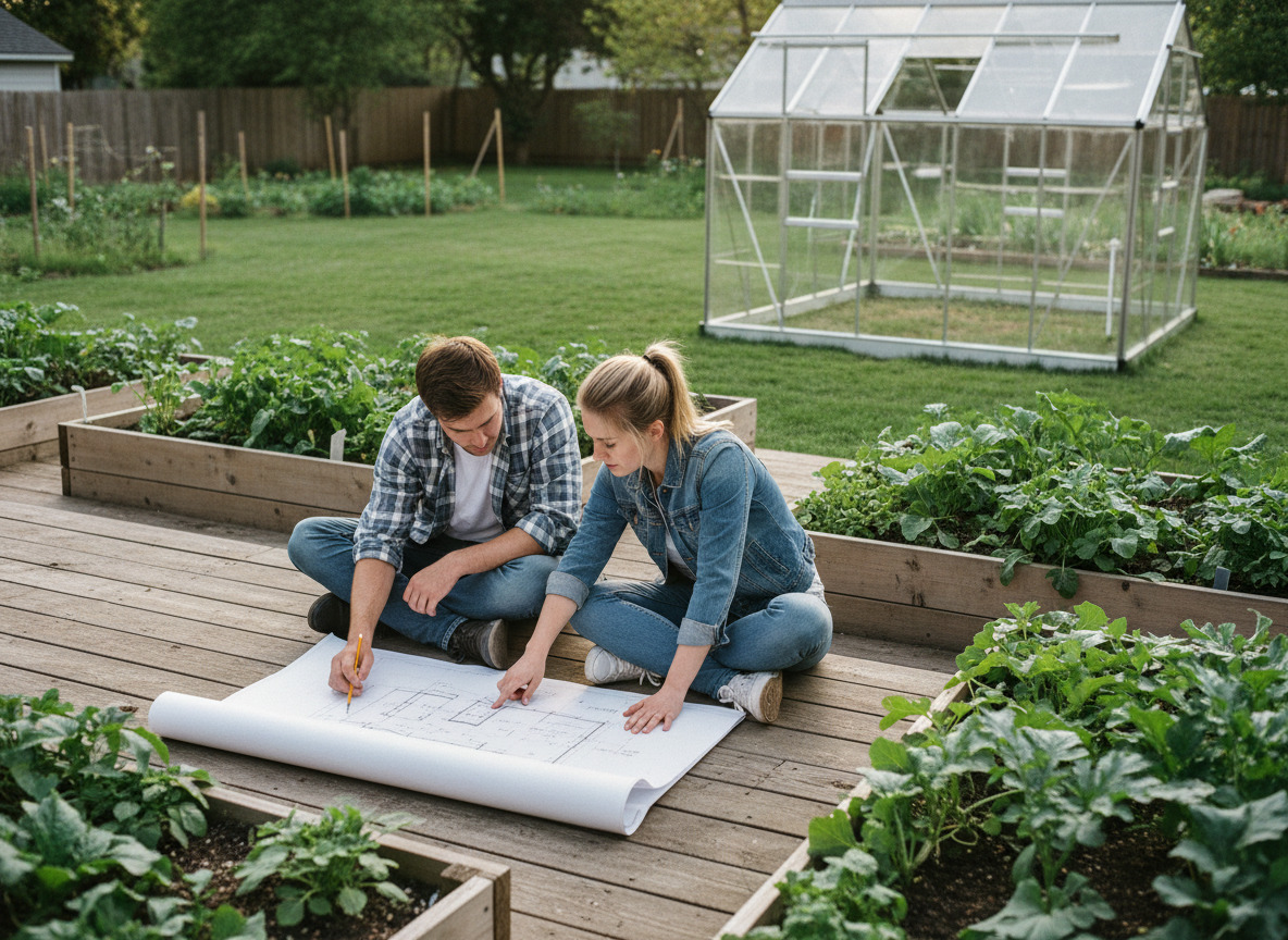 Jeune couple planifiant une serre dans leur jardin
