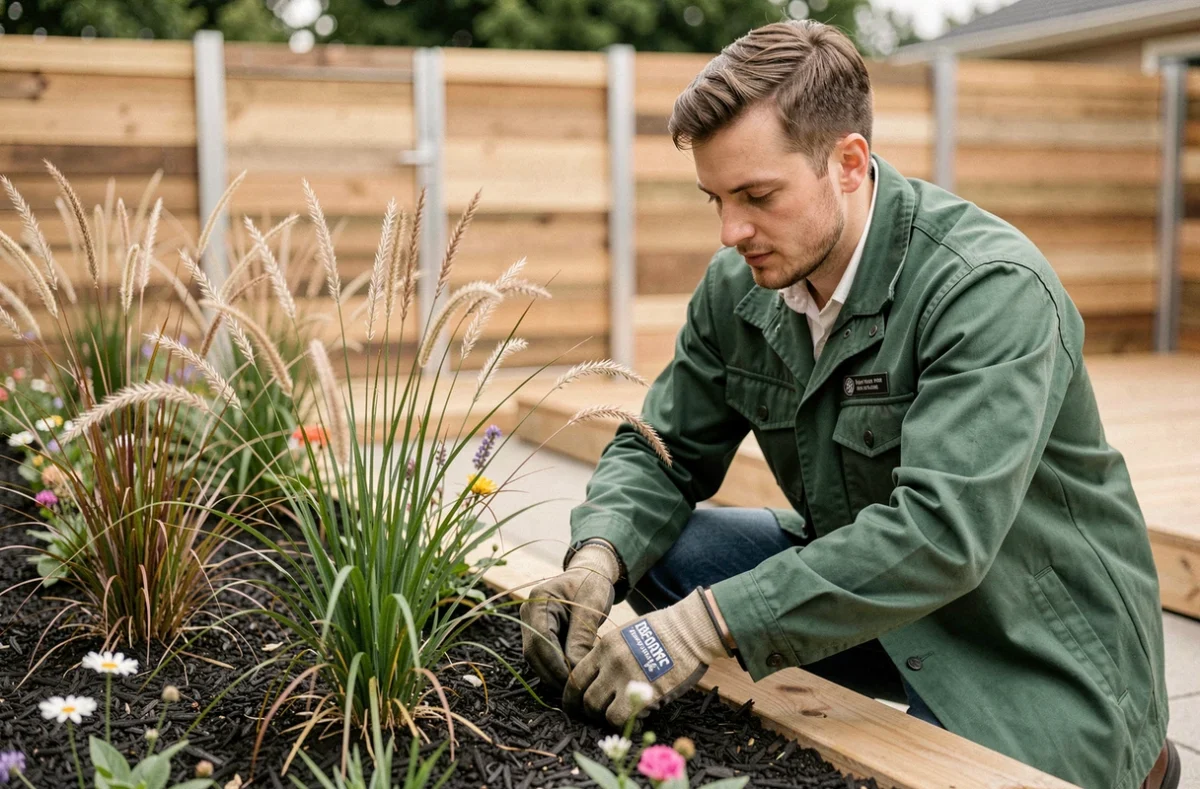 Paysagiste Crea'Vert arrangeant des graminées ornementales et fleurs sauvages dans un massif de jardin contemporain