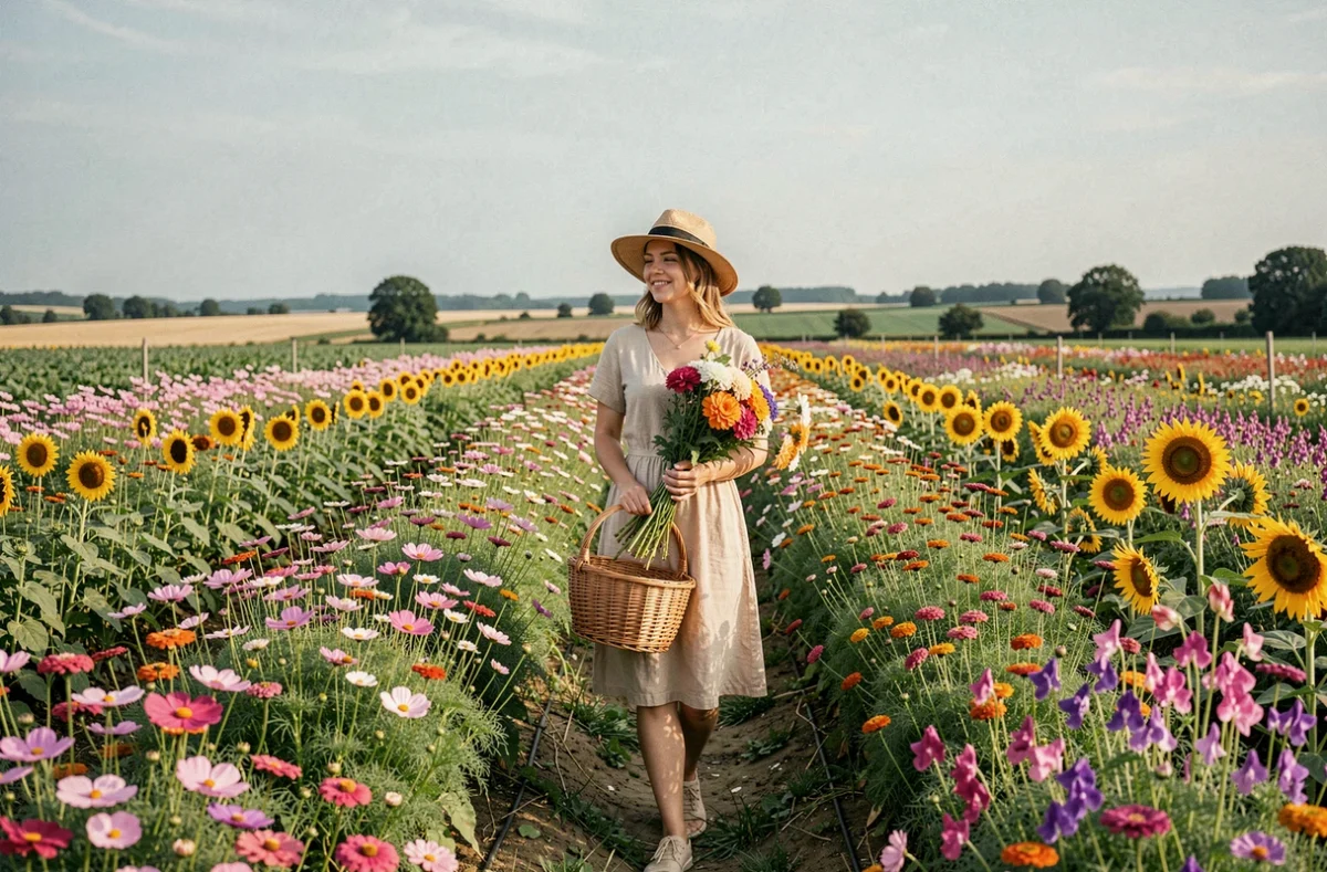 Femme cueillant des fleurs fraîches dans les rangées colorées d'un champ de la Cueillette Fleurie