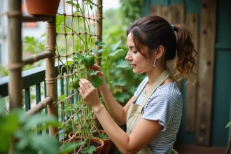 Femme cultivant un plant de melon en vertical sur un balcon urbain avec un treillis en bois et ficelle de jute