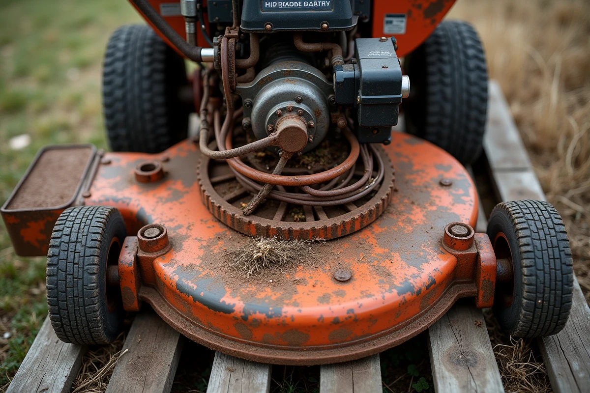 Dessous de lame de tracteur tondeuse rouillée et encrassée après hivernage, courroie et poulie d'enclenchement visibles