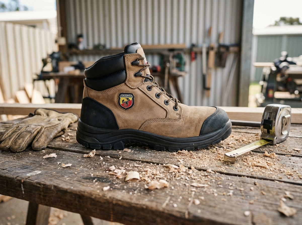 Vue détaillée d'une chaussure de sécurité Abarth posée sur un établi en bois avec accessoires de chantier