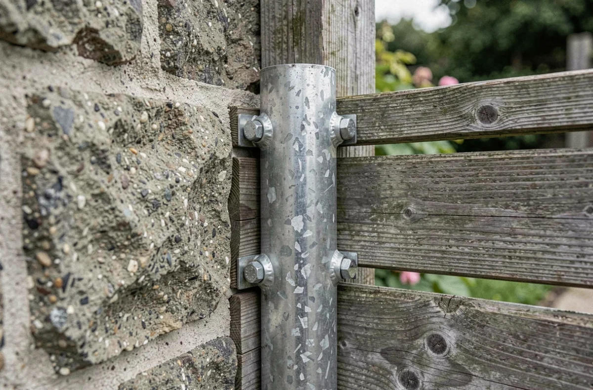 Détail de fixation d'un poteau métallique sur muret avec lames de bois horizontales