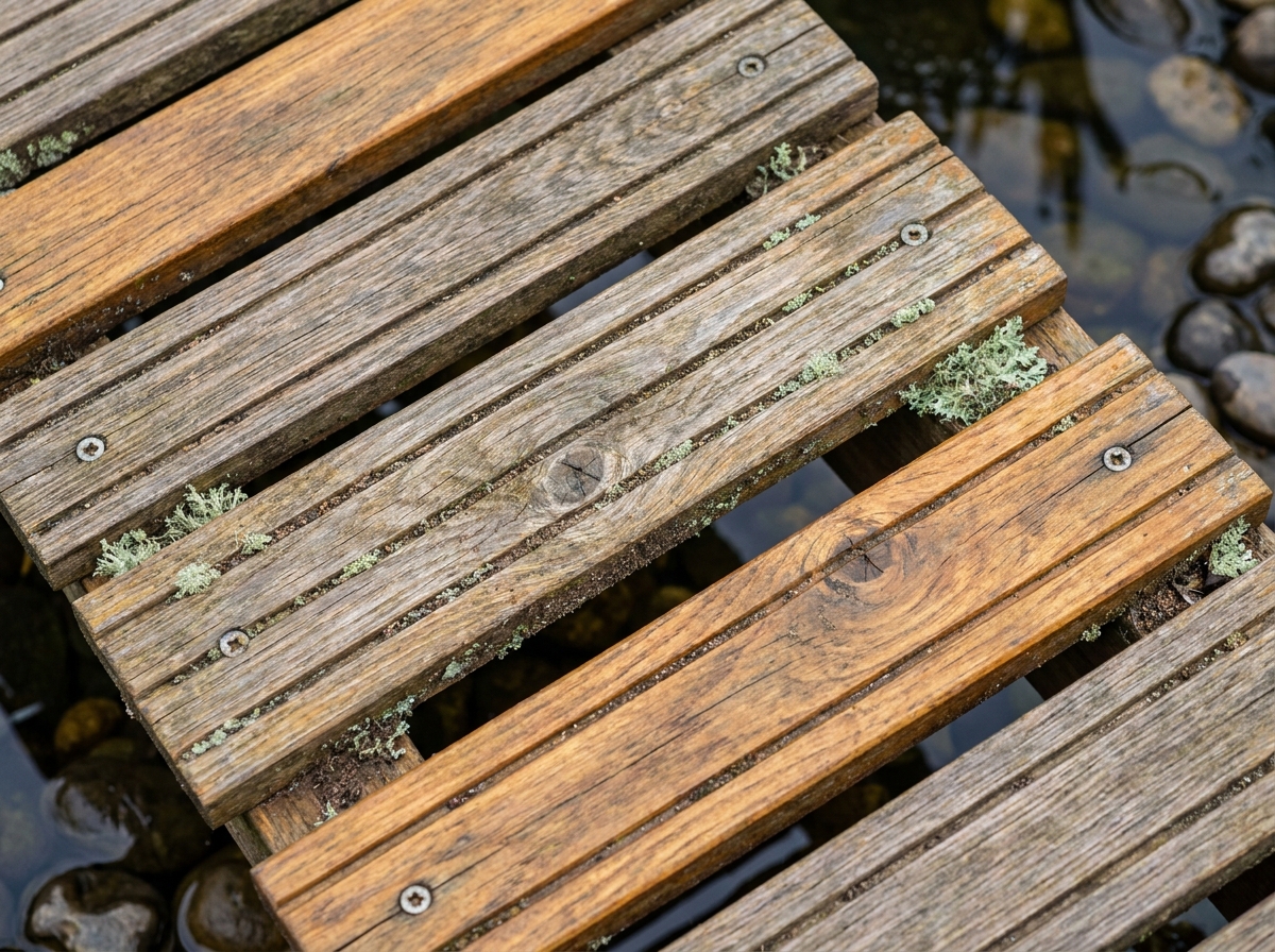 Détail de surface en caillebotis bois avec lattes en iroko et aperçu de l'eau du bassin en dessous