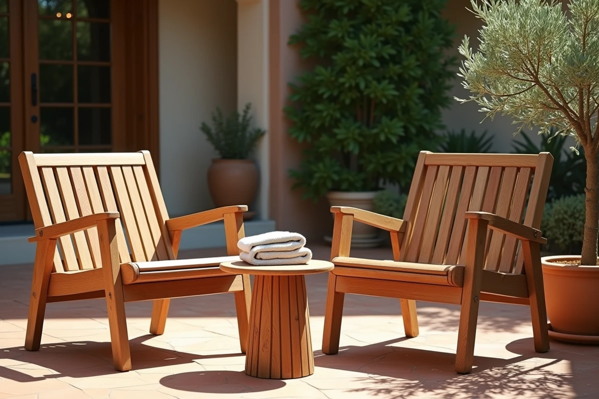 Deux fauteuils de jardin en teck autour d'une table ronde sur un patio en carrelage terracotta