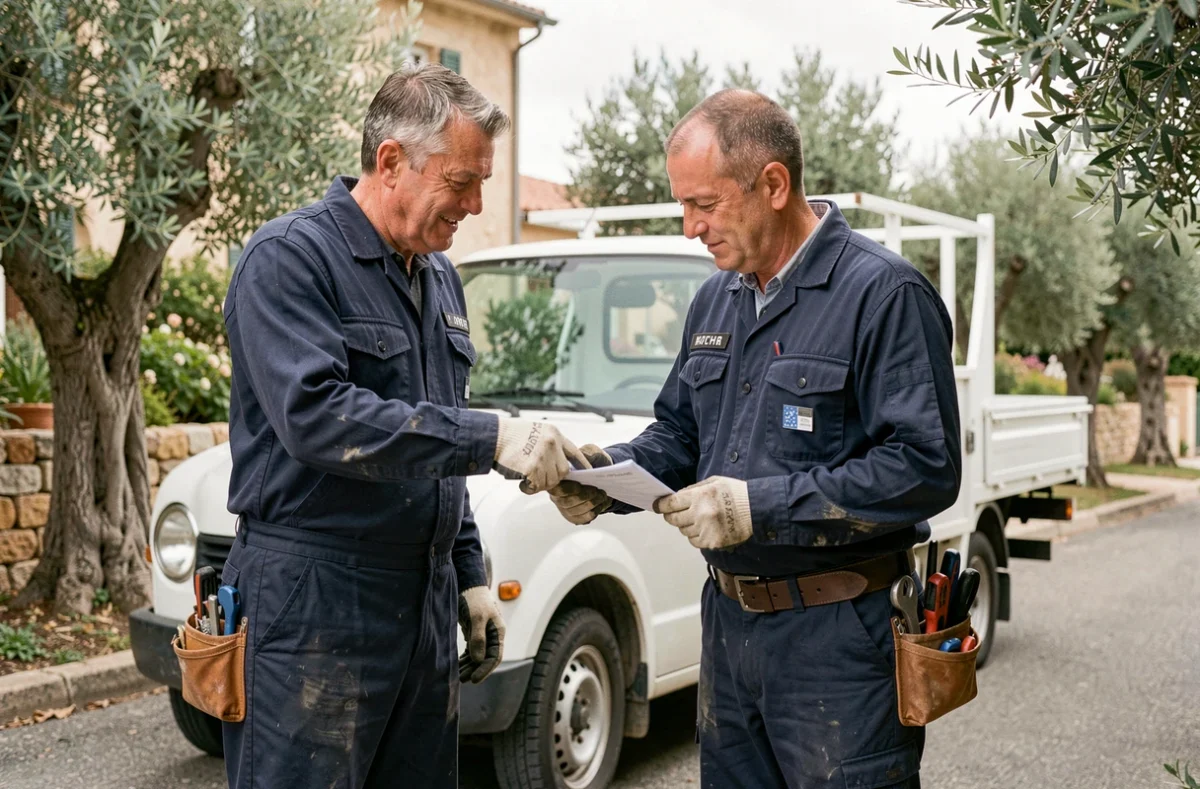 Deux élagueurs consultant un devis de travaux d'élagage devant leur camion dans une rue résidentielle