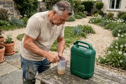 Jardinier mesurant le dosage de Roundup dans un verre gradué à côté d'un pulvérisateur de 5 litres dans un jardin en été