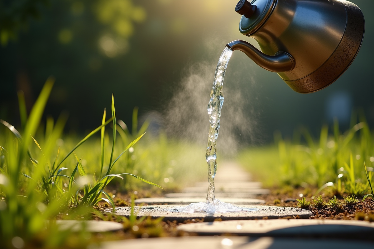 Versement d eau bouillante sur des mauvaises herbes entre pavés en plein soleil