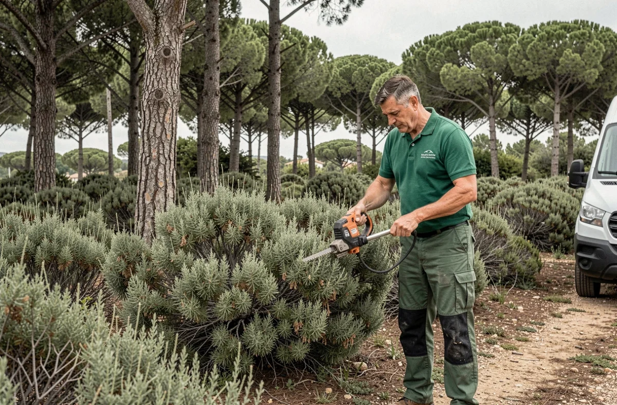 Paysagiste de l'entreprise Ecosylva près d'Alès en train de tailler des arbustes méditerranéens dans un jardin naturel