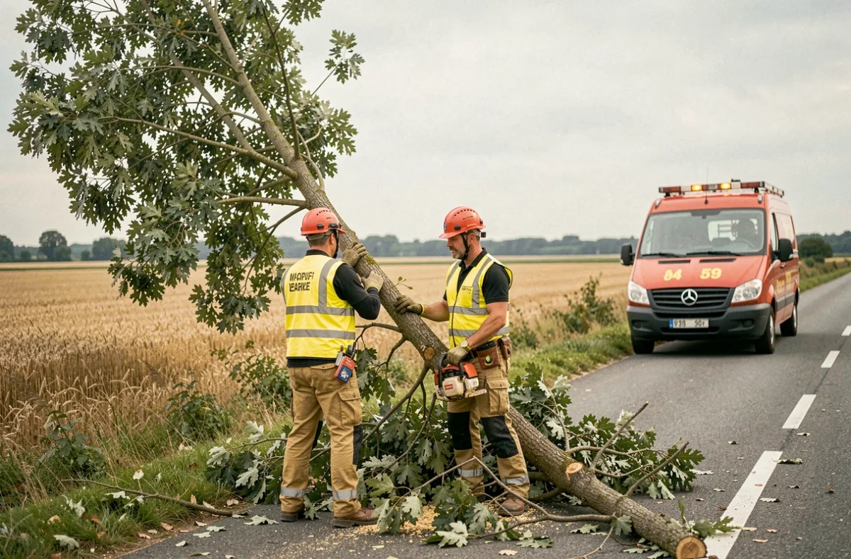 Équipe d'élagueurs en vestes jaunes abattant un peuplier en bord de route dans la campagne du Nord-59, représentant Elagage Abattage 59