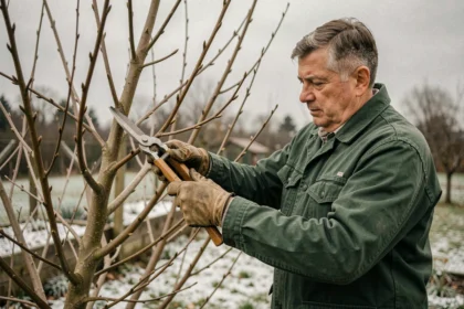 Jardinier en train d'élaguer un noisetier mature avec un sécateur à manche long en fin d'hiver dans un jardin rural