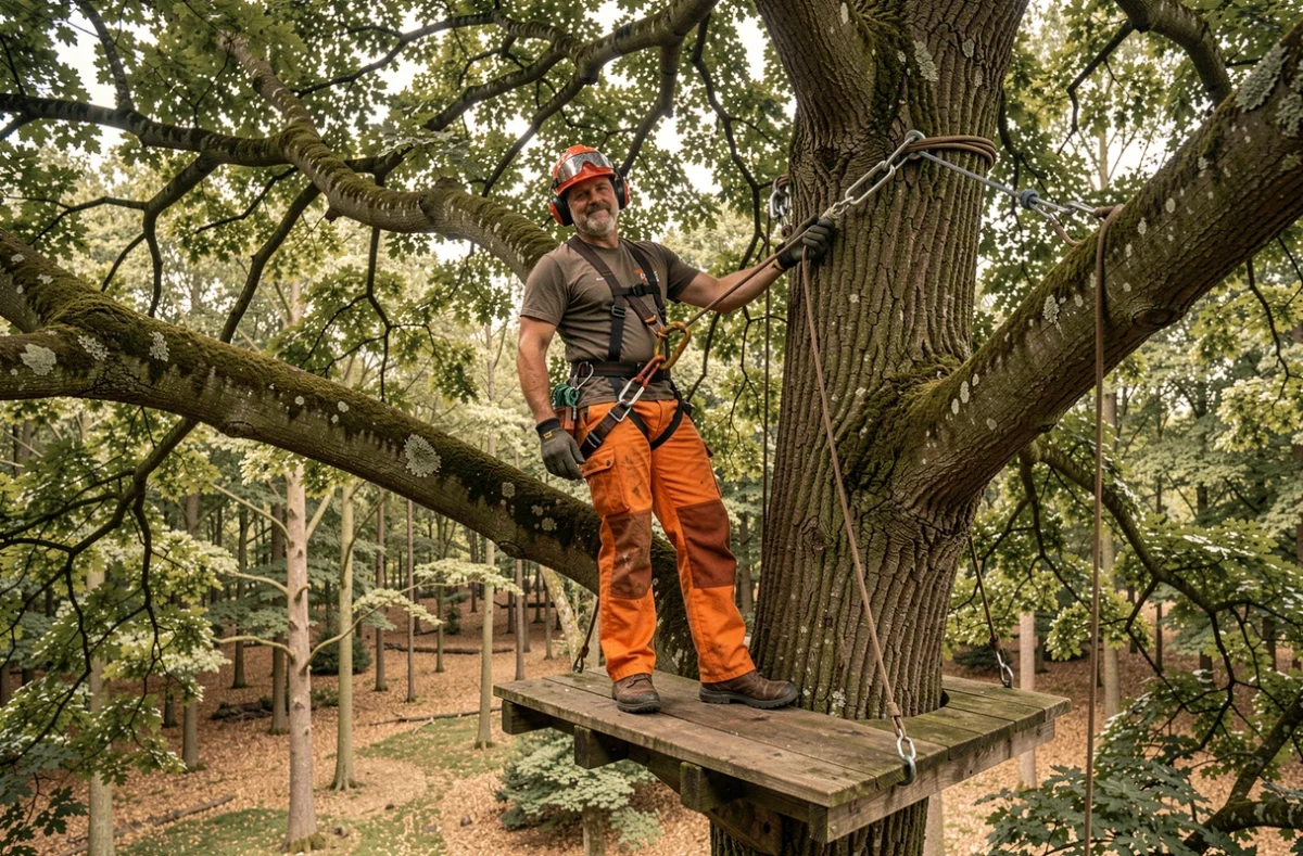 Élagueur professionnel utilisant deux longes d'élagage sur un hêtre en forêt gérée