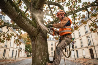 Élagueur professionnel suspendu dans un chêne en train d'élaguer une branche à Poitiers