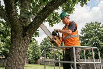 Élagueur professionnel en tenue de sécurité taillant une grande branche de chêne depuis une nacelle élévatrice dans un jardin résidentiel