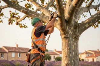 Élagueur professionnel en train de tailler un platane dans un parc urbain à Montélimar