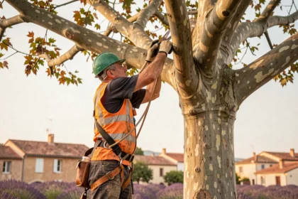 Élagueur professionnel en train de tailler un platane dans un parc urbain à Montélimar