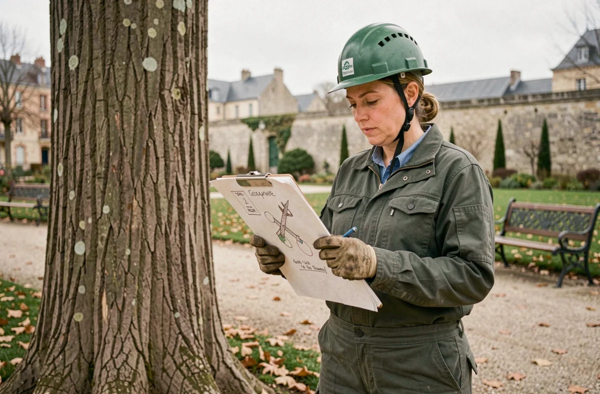Élagueuse consultant un plan d'élagage au pied d'un platane dans un parc de Poitiers