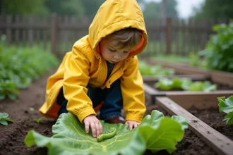 Enfant curieux en raincoat jaune observe une chenille verte dans le jardin