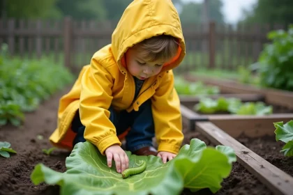 Enfant curieux en raincoat jaune observe une chenille verte dans le jardin