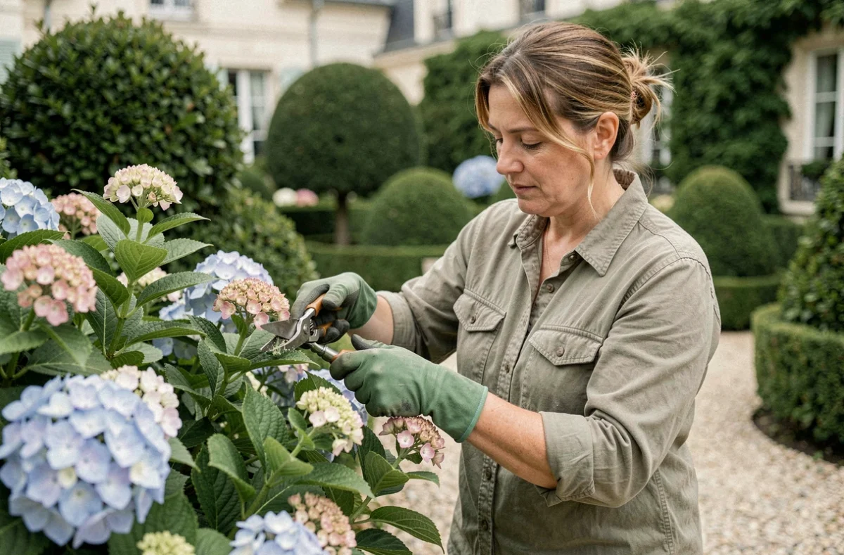 Jardinière professionnelle d'entretiendejardin.com taillant des hortensias dans un jardin de maison de ville parisienne avec topiaires en buis